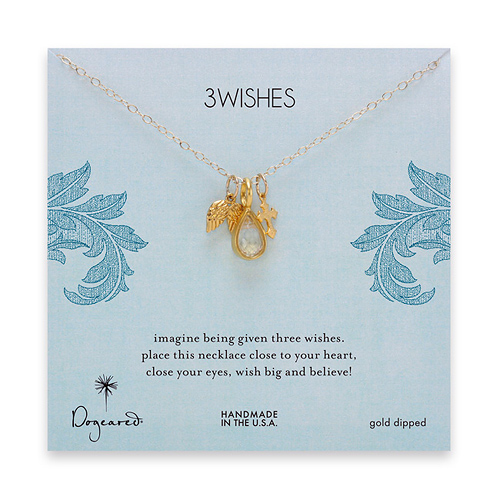 3 wishes gold dipped charm necklace with angel wings, gothic cross and rock crystal