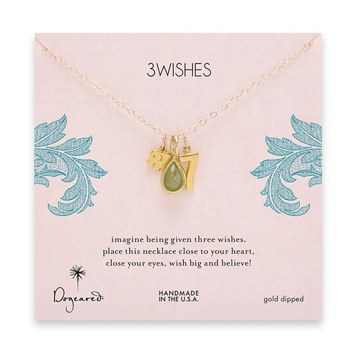 3 wishes gold dipped charm necklace with elephant, 7 and green quartz