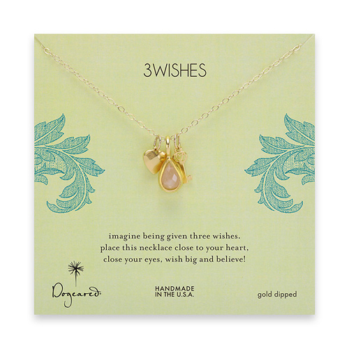 3 wishes gold dipped charm necklace with faceted heart, heart key and rose quartz