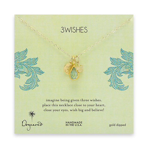 3 wishes gold dipped charm necklace with om, lotus and blue quartz