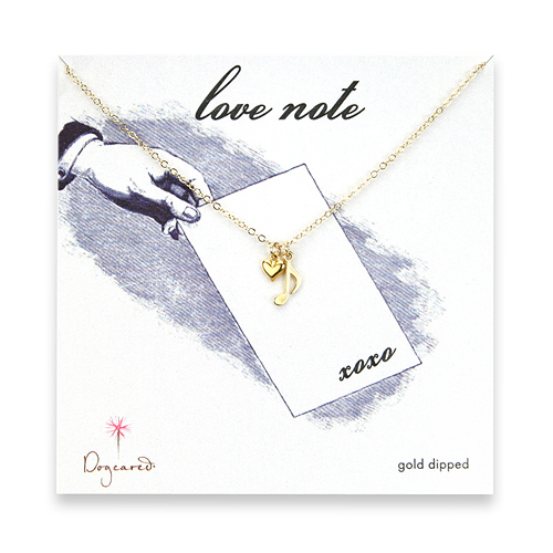 gold dipped love note necklace with music note and cupid heart - 18 inch