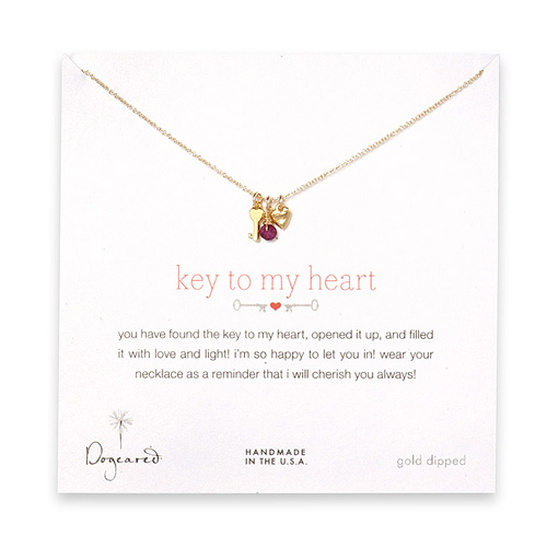 gold dipped key to my heart necklace with heart key, stone heart and garnet bead
