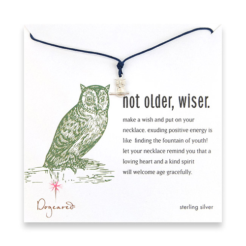 sterling silver not older, wiser necklace on navy waxed cotton