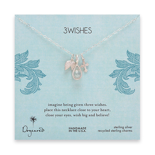 3 wishes sterling silver charm necklace with angel wings, gothic cross and rock crystal