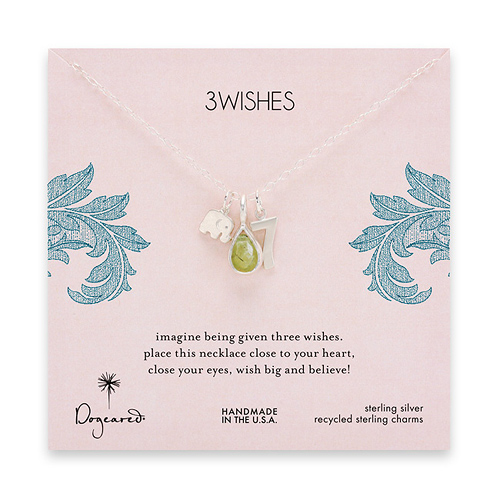 3 wishes sterling silver charm necklace with elephant, 7 and green quartz