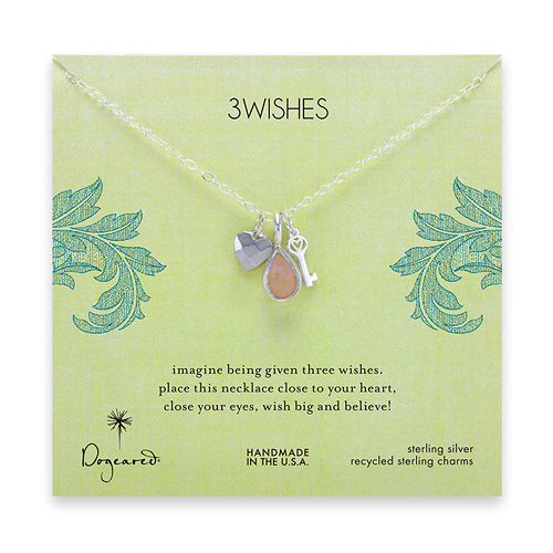 3 wishes sterling silver charm necklace with faceted heart, heart key and rose quartz