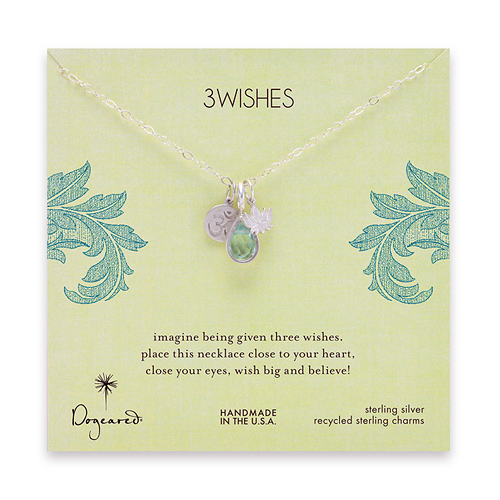 3 wishes sterling silver charm necklace with om, lotus and blue quartz