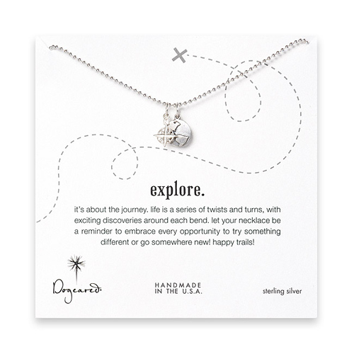sterling silver explore necklace with compass and oxidized world charm