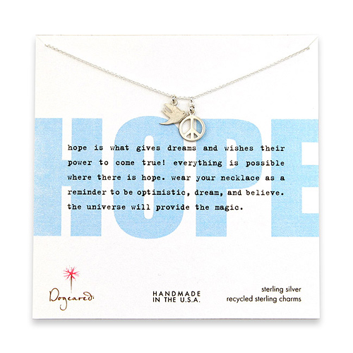 sterling silver hope necklace with robin silhouette and peace sign charm