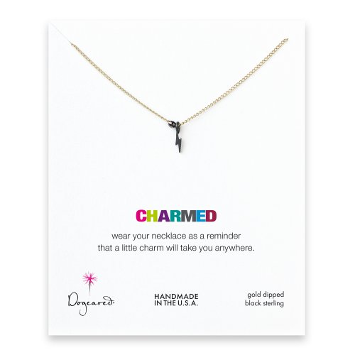 bolt necklace with charcoal bead on gold dipped chain