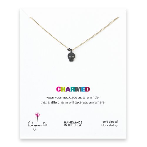 skull necklace with charcoal bead on gold dipped chain