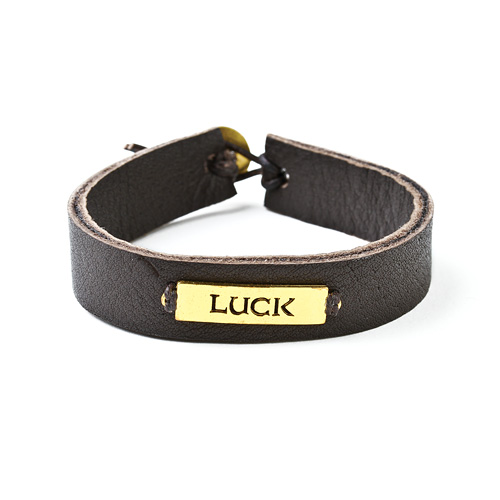 luck sign gold dipped bracelet on chocolate leather