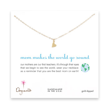mom makes the world go round gold dipped necklace with sideways heart