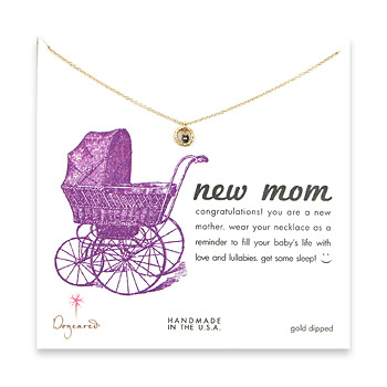 gold dipped new mom necklace with mini karma ring, charcoal disco bead