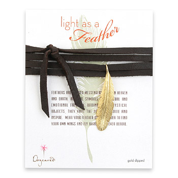 light as a feather large gold dipped feather necklace on leather