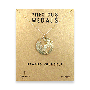 precious medals necklace with gold dipped world silhouette