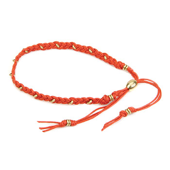 friendship bracelet with brass washers on red waxed cotton