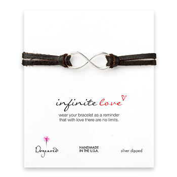 large+infinite+love+bracelet+on+chocolate+leather%2C+silver+dipped