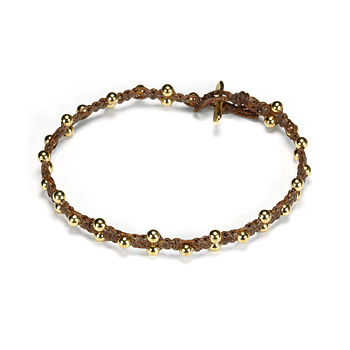 sparkle macrame bracelet with scattered brass beads on tobacco irish linen