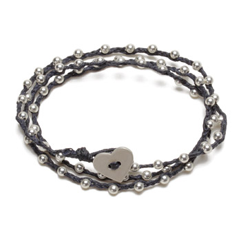 sparkle wrap bracelet with sterling silver heart closure on navy irish linen