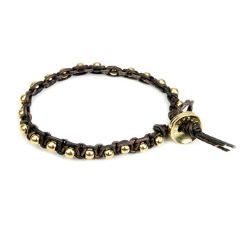 black leather bangle bracelet with gold dipped round beads
