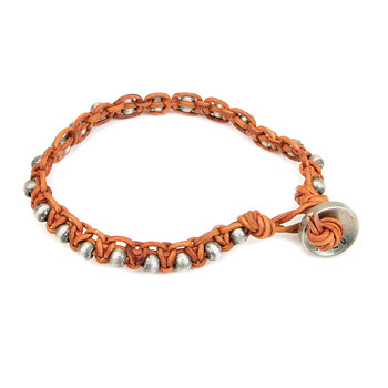 burnt orange leather bangle bracelet with oxidized round beads