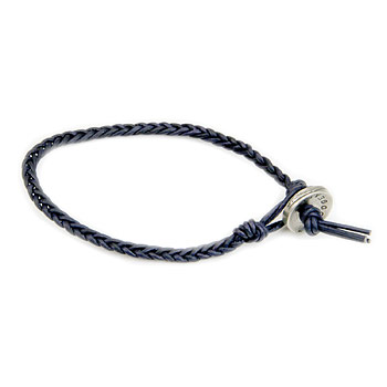 navy fishtail leather bangle bracelet with silver bronze button closure