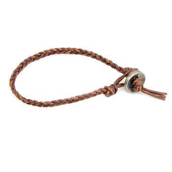 teak fishtail leather bangle bracelet with silver bronze button closure