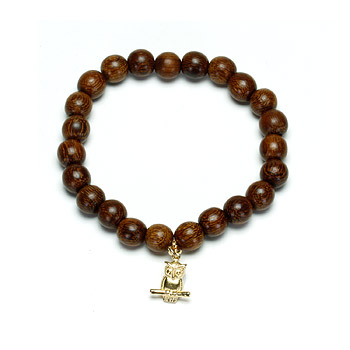 not to worry teak wood bracelet with gold dipped owl charm