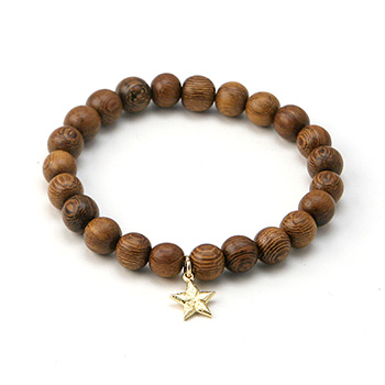 wood bracelet in teak with gold dipped lucky star