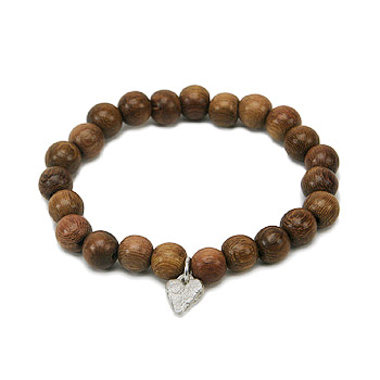 wood bracelet in teak with sterling silver mini stone heart