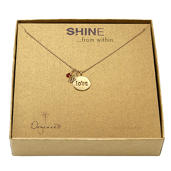 shine love necklace gold dipped --- love word disc, mini skull charm, and garnet gem