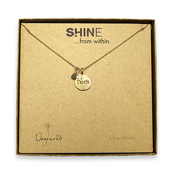 shine luck gold dipped necklace luck word disc, tiny four leaf clover, and green jade gem