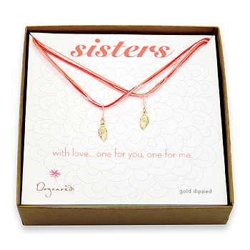 sisters gold dipped angel wings on red silk set of 2 necklaces - 18 inch