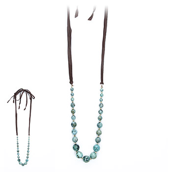 love bead necklace with turquoise beads, chocolate silk tie - 60 inches