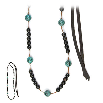 love bead necklace with ebony wood, turquoise beads - 66 inches