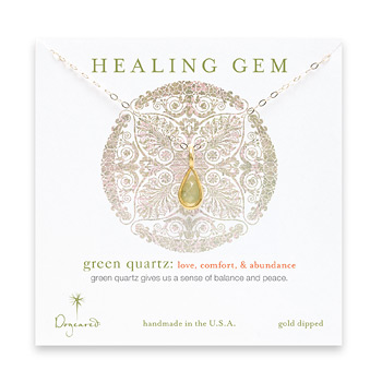 green quartz teardrop healing gem gold dipped necklace - 20 inches