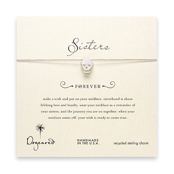 sorority sisters forever make a wish necklace with sterling silver skull on taupe thread