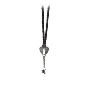 unlocked love charcoal heart with key hole necklace on black leather - 36 inch