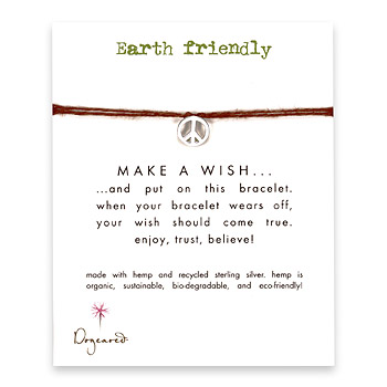 earth friendly make a wish bracelet with recycled peace sign on tobacco hemp
