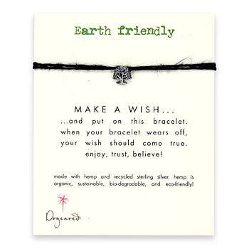 earth friendly make a wish bracelet with recycled tree on black hemp