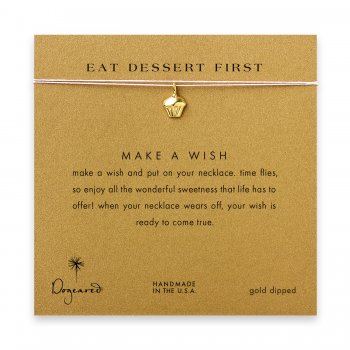 eat dessert first cupcake necklace on pink, gold dipped