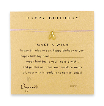 happy birthday make a wish necklace with gold dipped wishbone on lavender