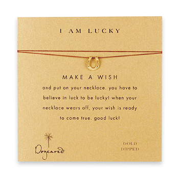 i am lucky make a wish necklace with gold dipped horseshoe on tobacco