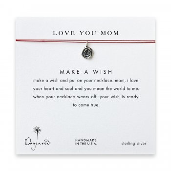 love you mom rose necklace on red, sterling silver