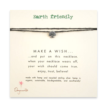 earth friendly make a wish necklace with recycled silver small tree on black hemp