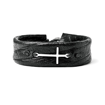 sideways cross cuff bracelet on navy leather, sterling silver