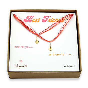 best friends gold dipped cupid hearts on red silk set of 2 necklaces - 18 inch