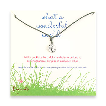 sterling silver what a wonderful world necklace on moss waxed cotton