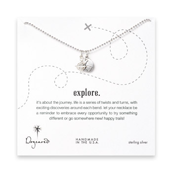 sterling silver explore necklace with compass and oxidized world charm